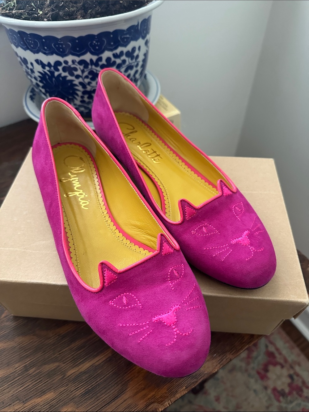 Rare Charlotte Olympia Pink Suede Cat-Embroidered Flats